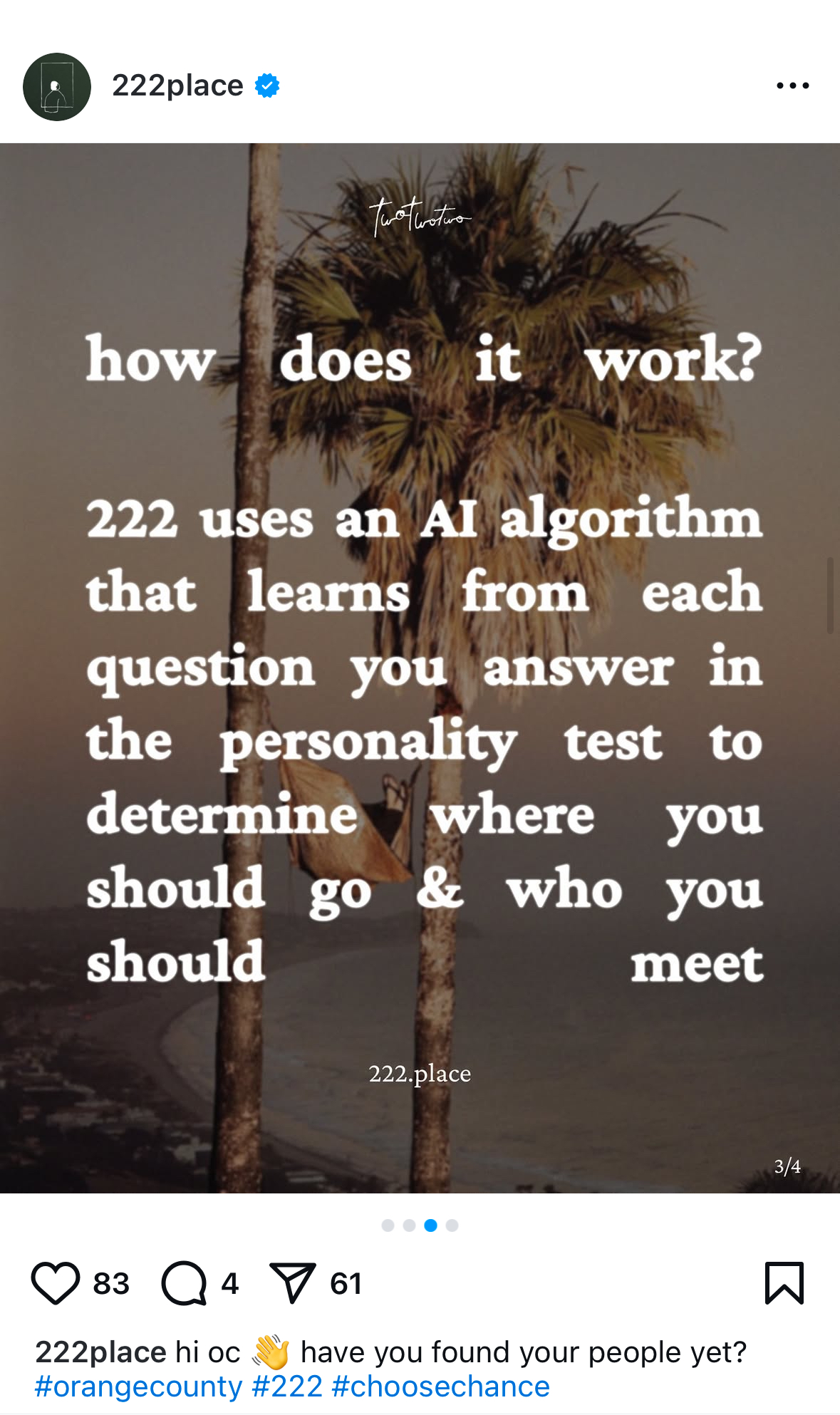 Instagram post from 222, a emerging network focused on curating experiences in real life.