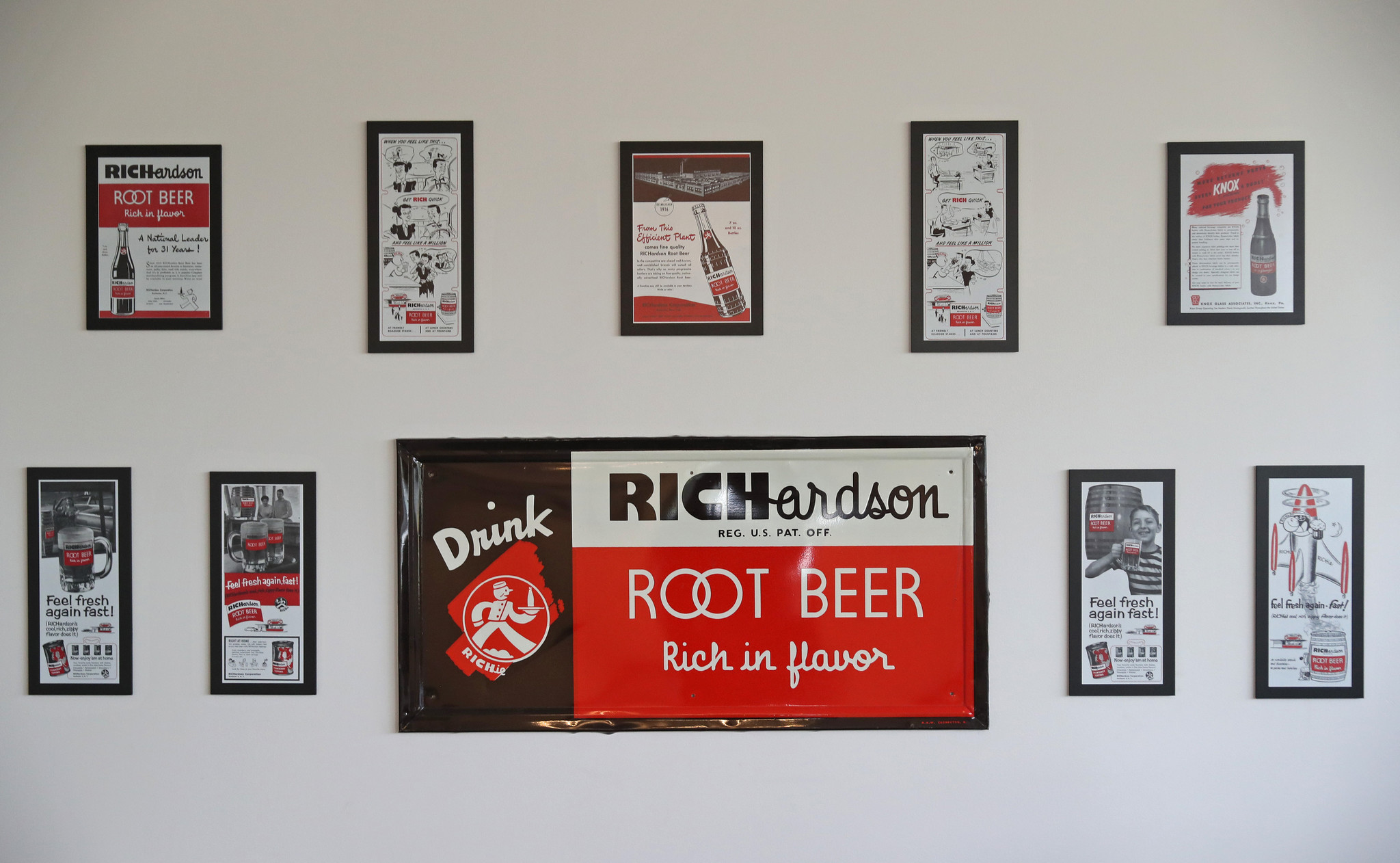 Historical advertisements of Richardson products hang on a wall at the Baldwin Richardson Foods innovation center. Historical advertisements of Richardson products hang on a wall at the Baldwin Richardson Foods innovation center.