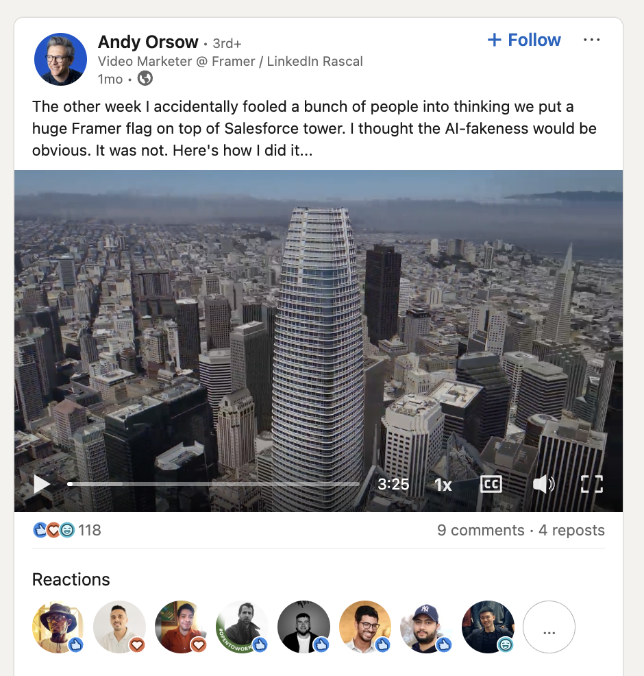 LinkedIn post from Andy Orsow, video marketer at Framer, explaining how he used AI to place a flag on a Salesforce tower in San Francisco.