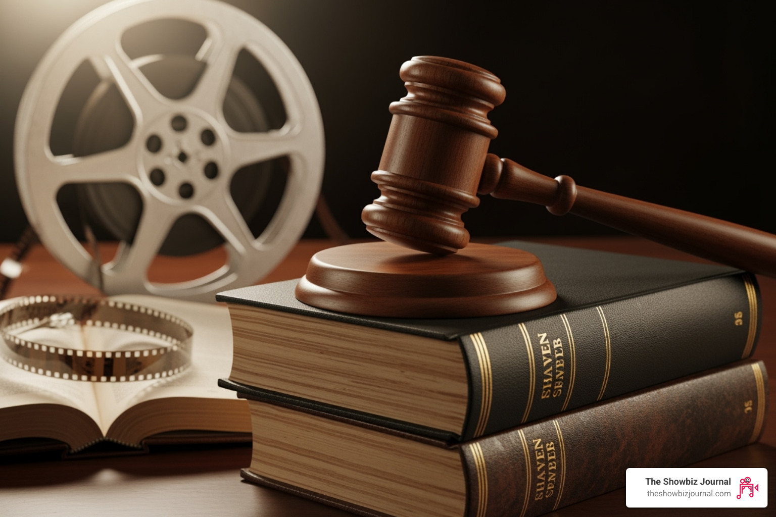 courthouse gavel with a film reel in the background - black hollywood entertainment news