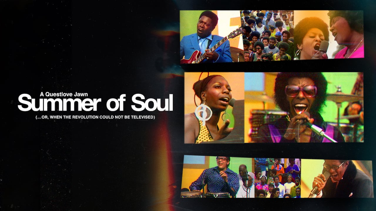 A collection of various photos of Black people performing on stage with microphones, some singing, some playing instruments. To the left are the words in white text on a black background: "A Questlove Jawn Summer of Soul (... or When the Revolution Could Not Be Televised)".