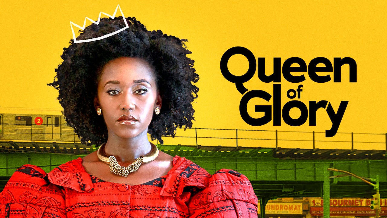 A Black woman with an afro with a crown drawn on the photo in white in a red dress with puffy sleeves and a gold heavy necklace. There is a green bridge in the background and stores in yellow below it. In black text are the words: "Queen of Glory."