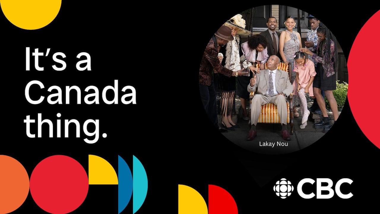 Pieces of the CBC logo in orange, red, yellow, blue and light blue around the border of this graphic with with It's A Canada thing and the CBC logo in white against a black background. In a large circle is an image of a Black family together. An older man sitting in a chair with people around him. with the words in small white text LAKAY NOU, the name of the comedy series.